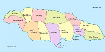 Um mapa da jamaica com as paróquias e capitais