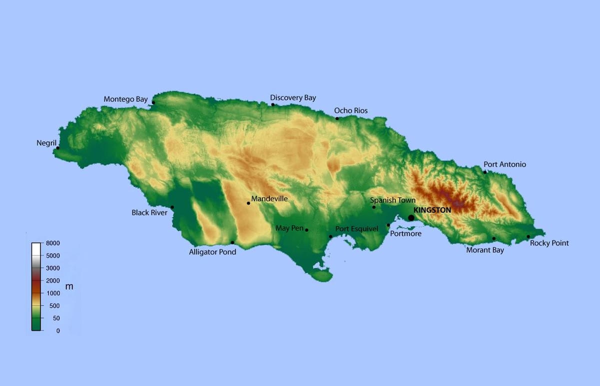 Mapa da jamaica elevação 