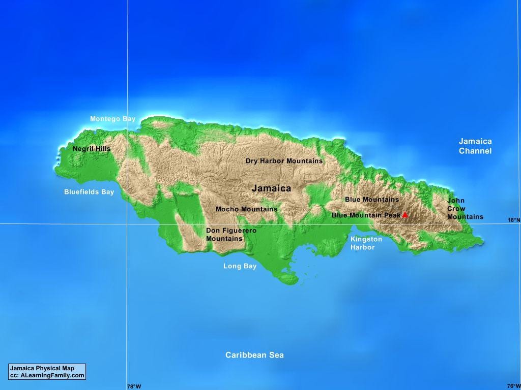 Mapa da jamaica montanhas 