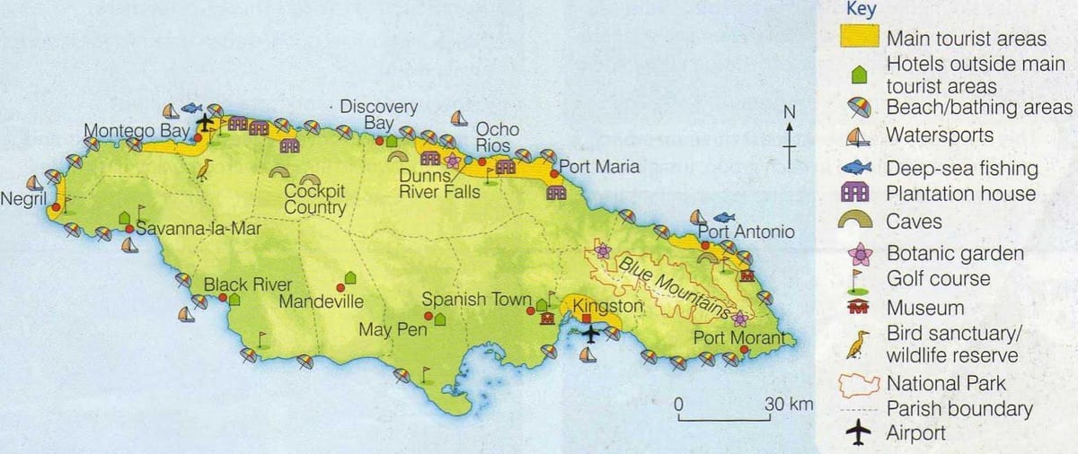 Mapa da jamaica, mostrando áreas de resort