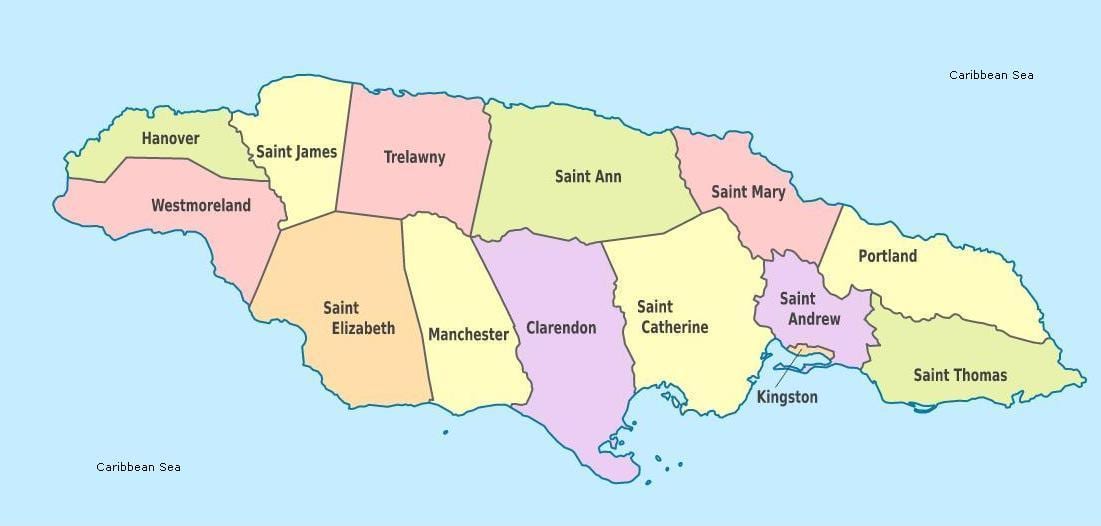 um mapa da jamaica com as paróquias e capitais