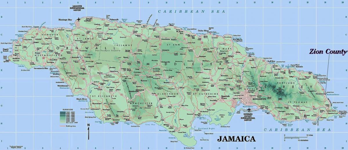 mapa físico da jamaica, mostrando montanhas