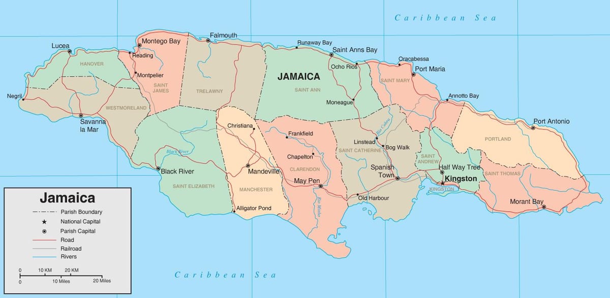 Mapa político da jamaica