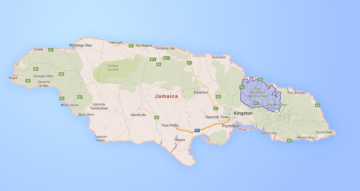 Mapa das montanhas azuis jamaica