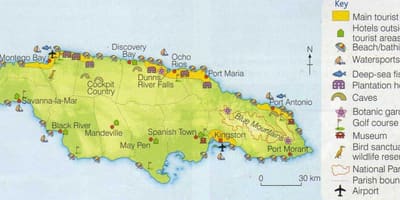 Mapa da jamaica, mostrando áreas de resort
