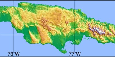 Mapa da jamaica, mostrando montanhas, planícies e vales