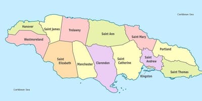 Mapa da jamaica índias ocidentais com as paróquias